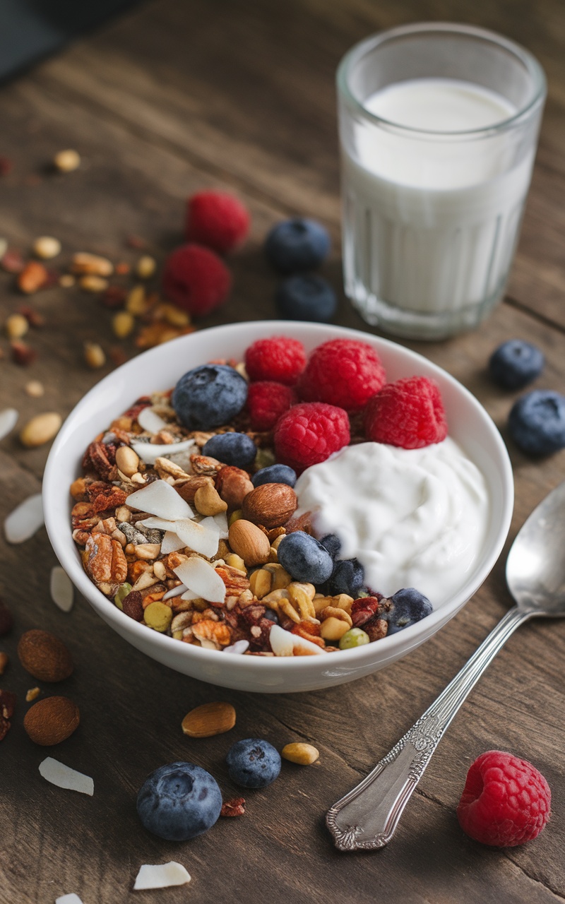 A healthy bowl of low-calorie keto cereal with nuts, seeds, and berries on a rustic table.